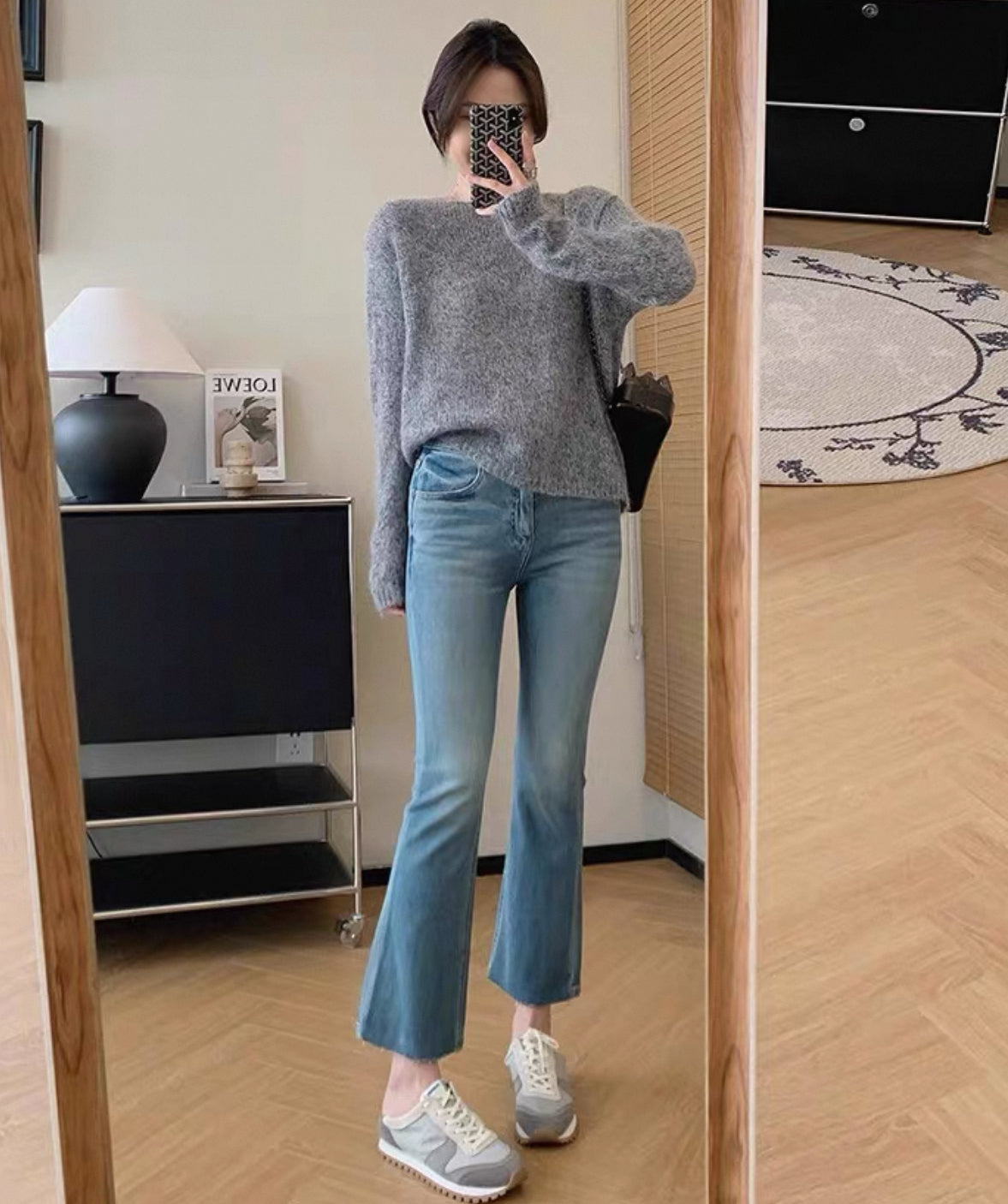 韓系高腰小喇叭九分牛仔褲