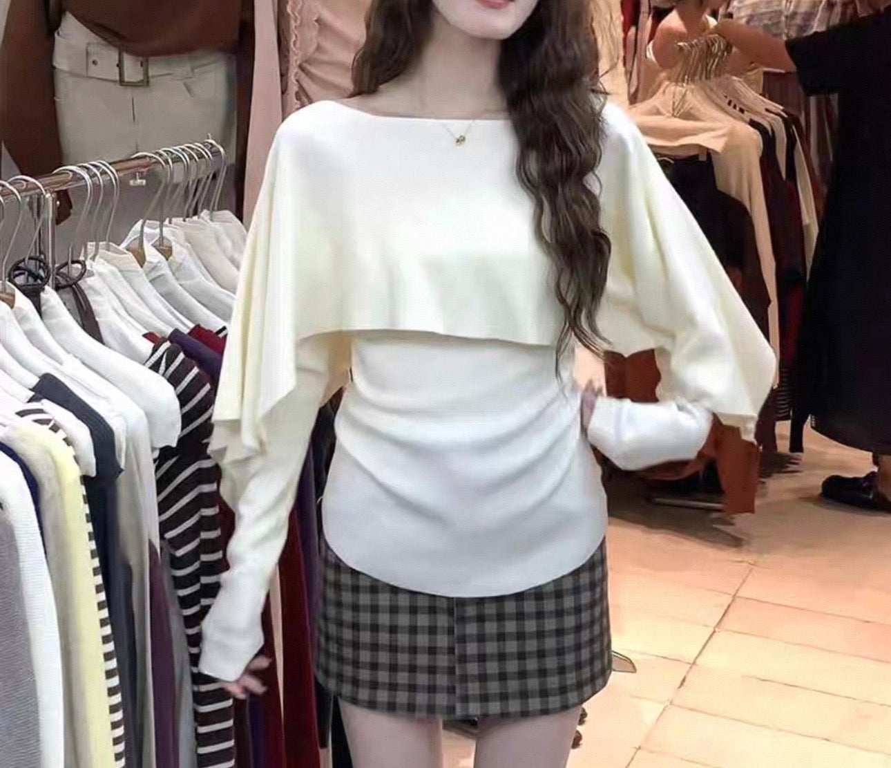 韓系不規則披肩拼上衣set