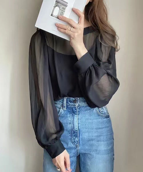 韓系透視泡泡袖上衣連吊帶Set