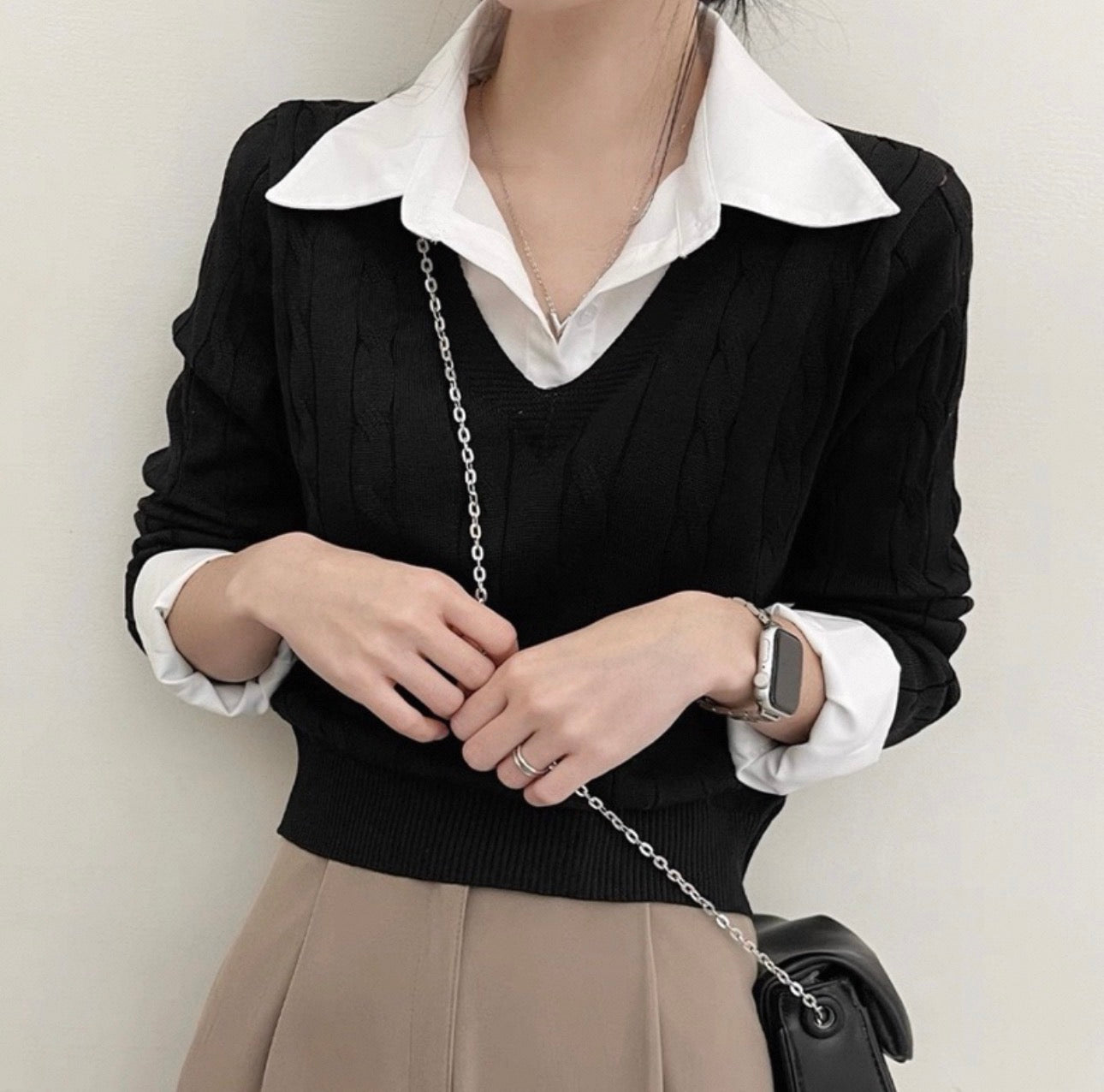 韓系襯衫領拼麻花針織假兩件上衣