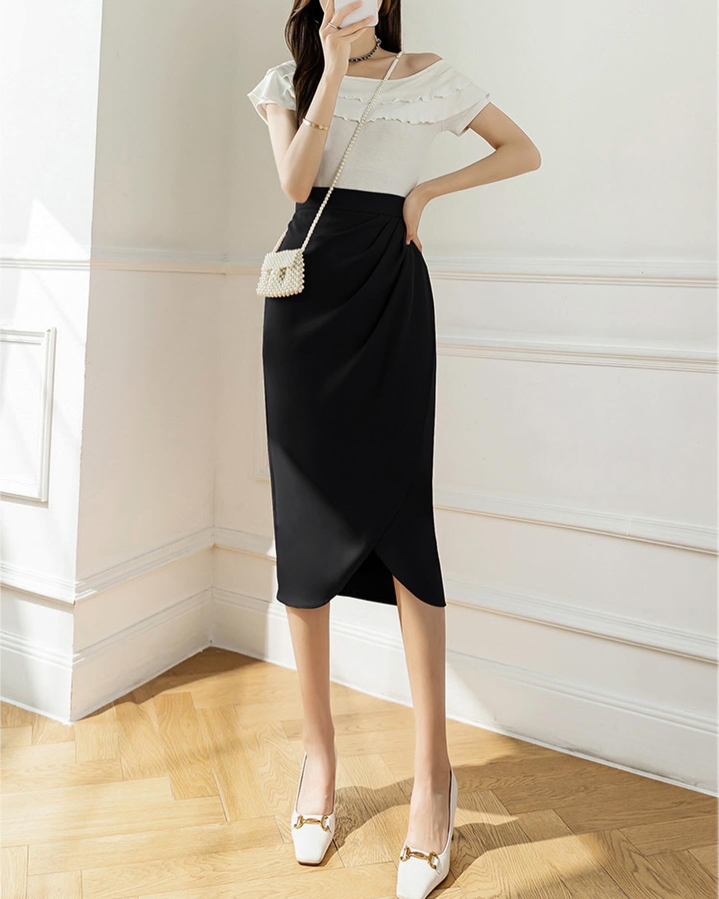 韓系高腰側開叉半身西裙