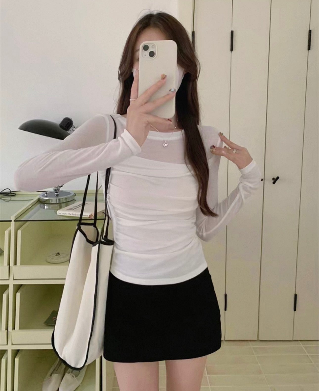 韓系半透肩拼褶皺緊身上衣