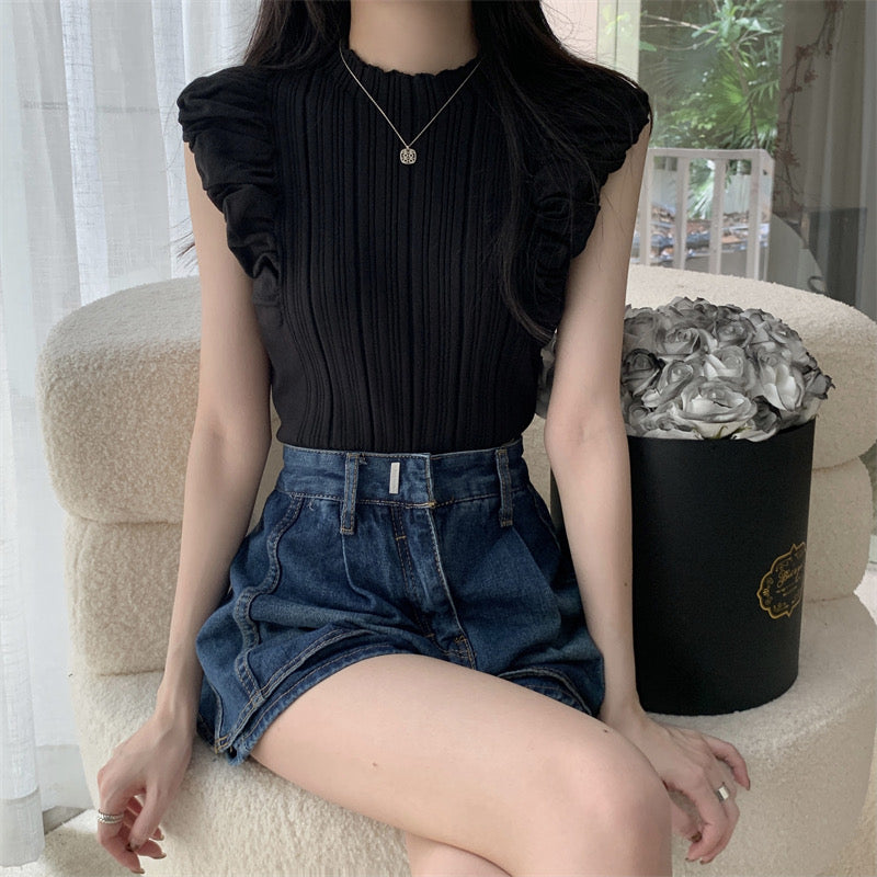 韓系小花領泡泡袖條紋織上衣