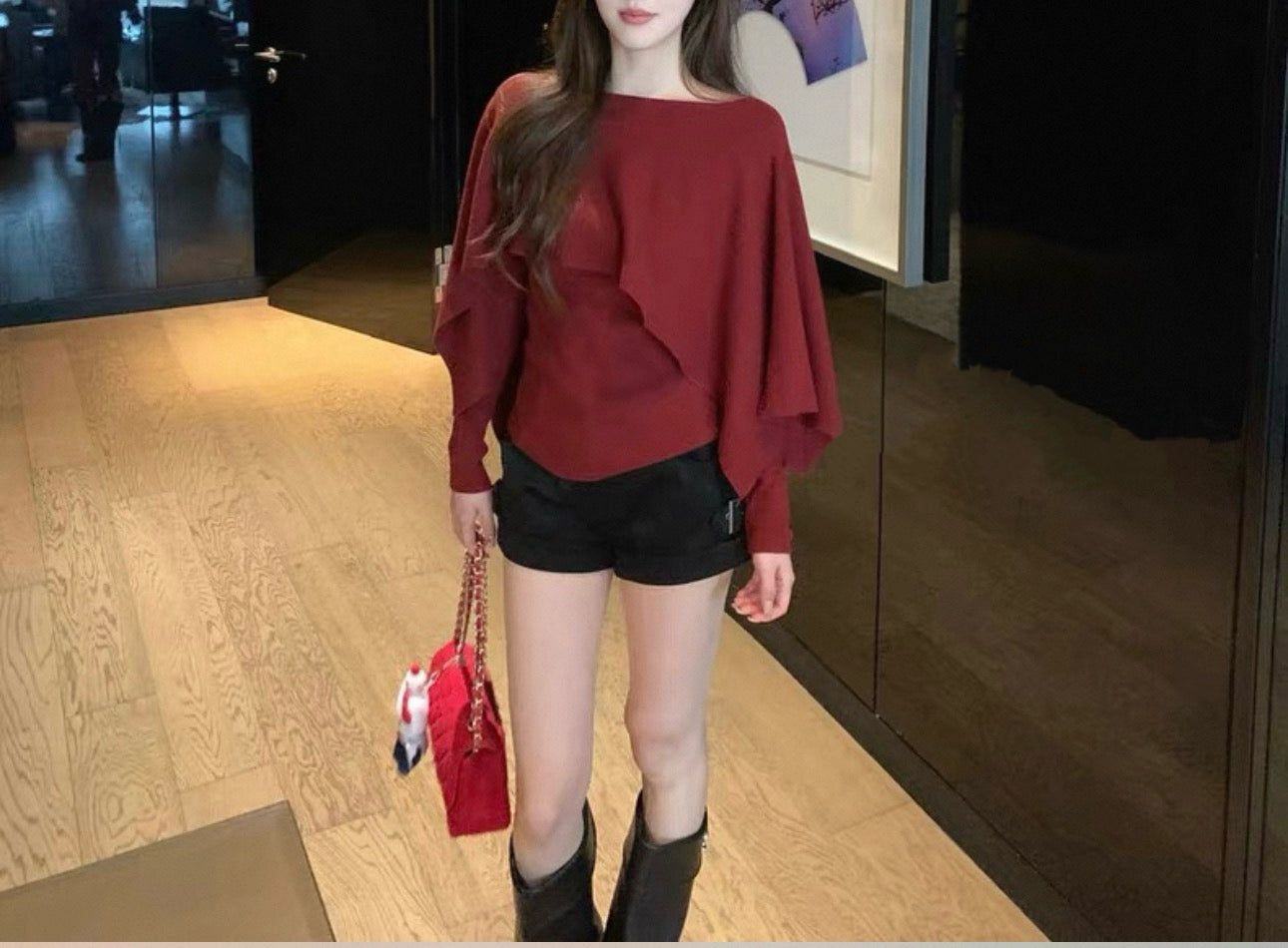 韓系不規則披肩拼上衣set