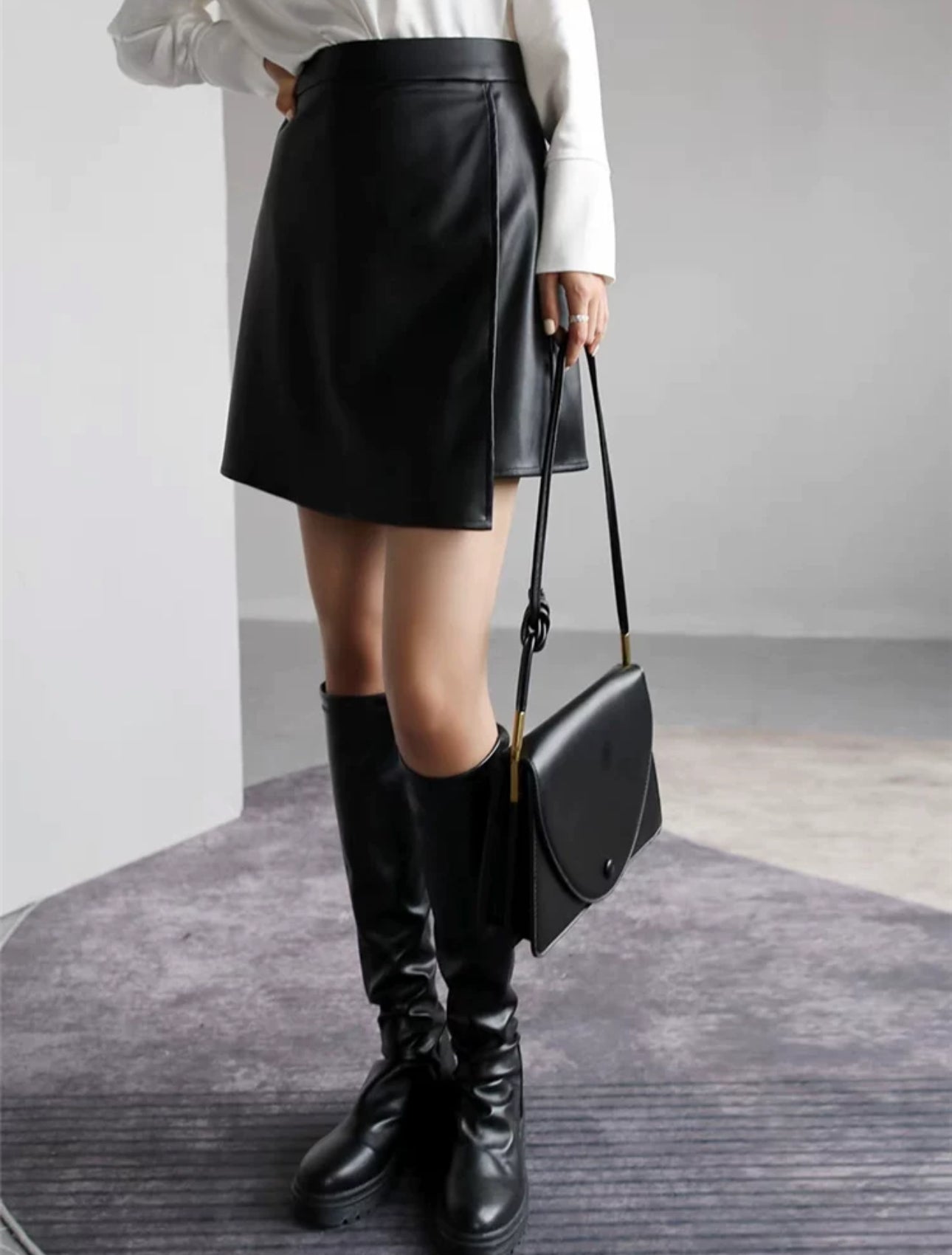 韓系純色高領細針織上衣/毛毛褸/皮裙