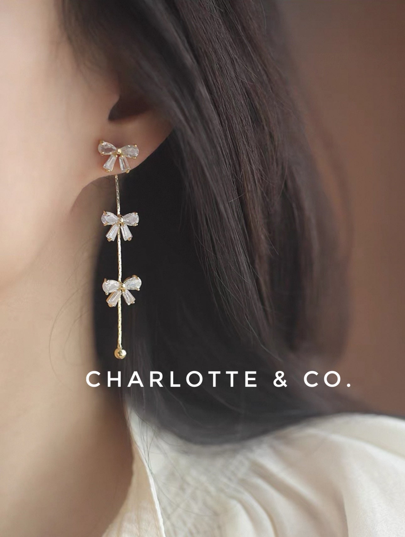 韓系三蝶吊水晶耳環