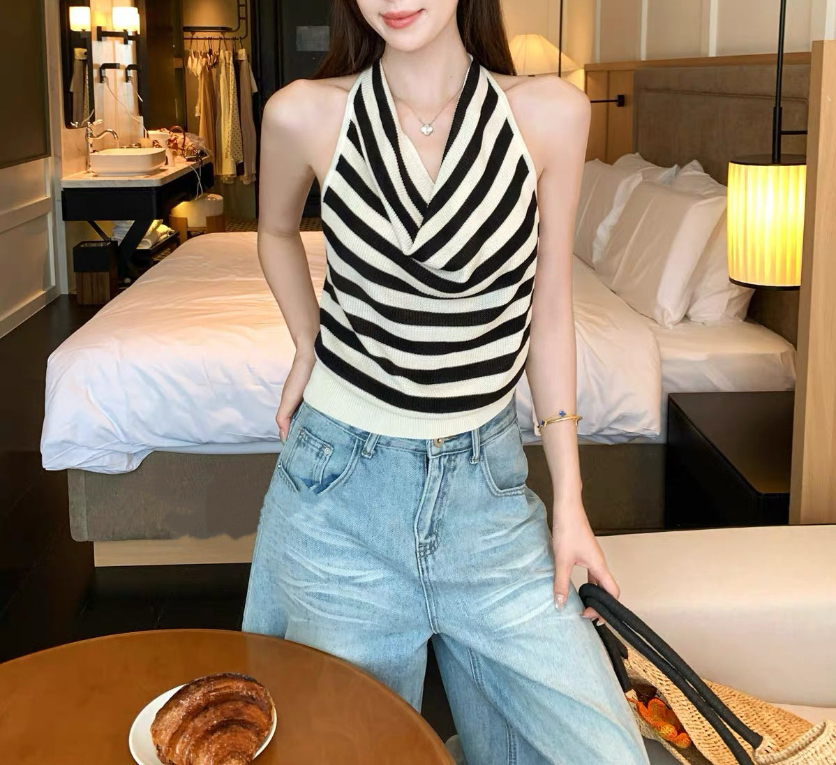 韓系掛項條紋針織背心
