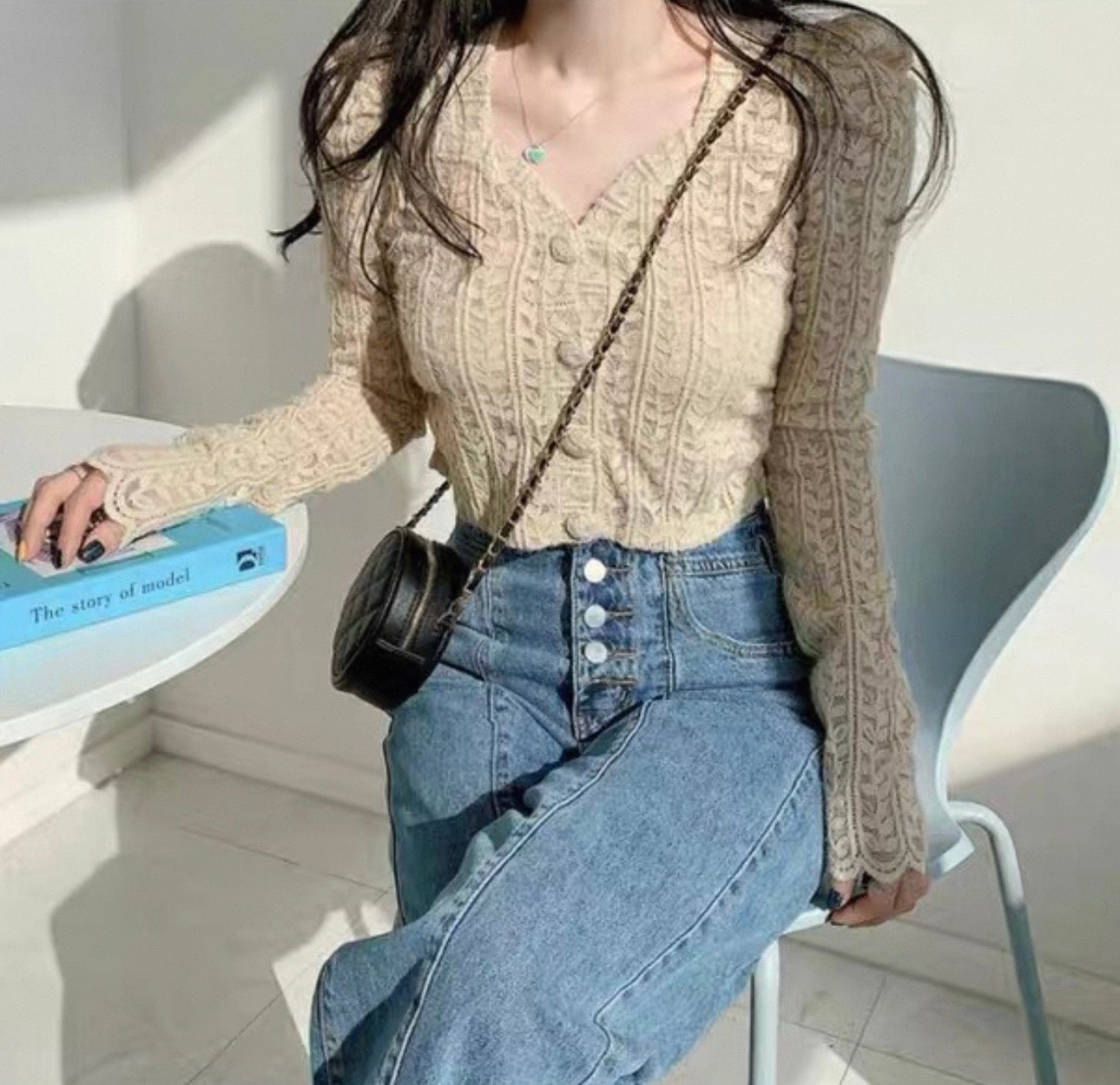 韓系心領葉子蕾絲鏤空針織上衣