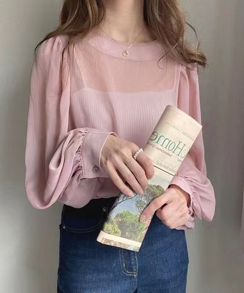 韓系透視泡泡袖上衣連吊帶Set