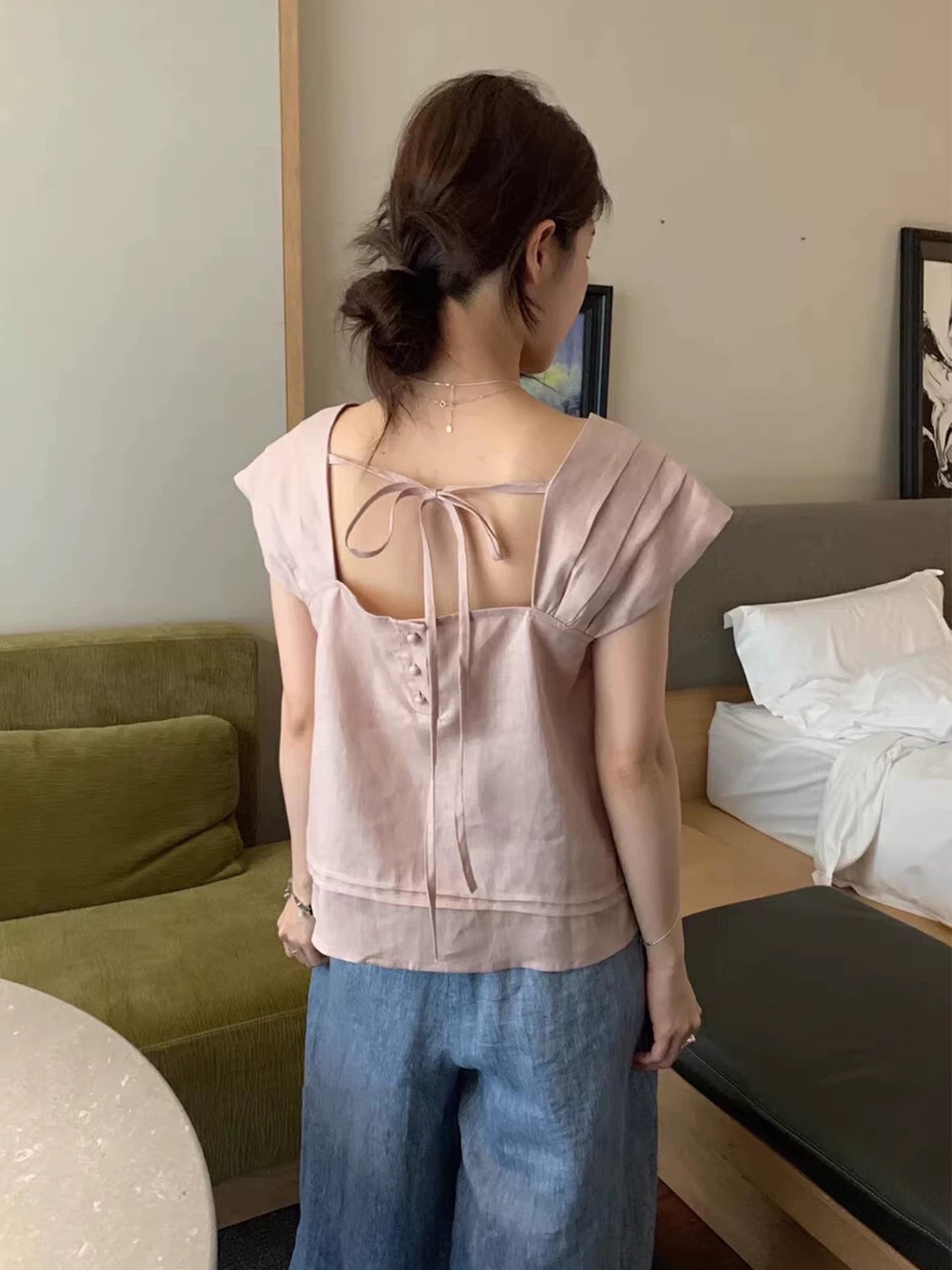 韓系後綁飛袖麻質上衣