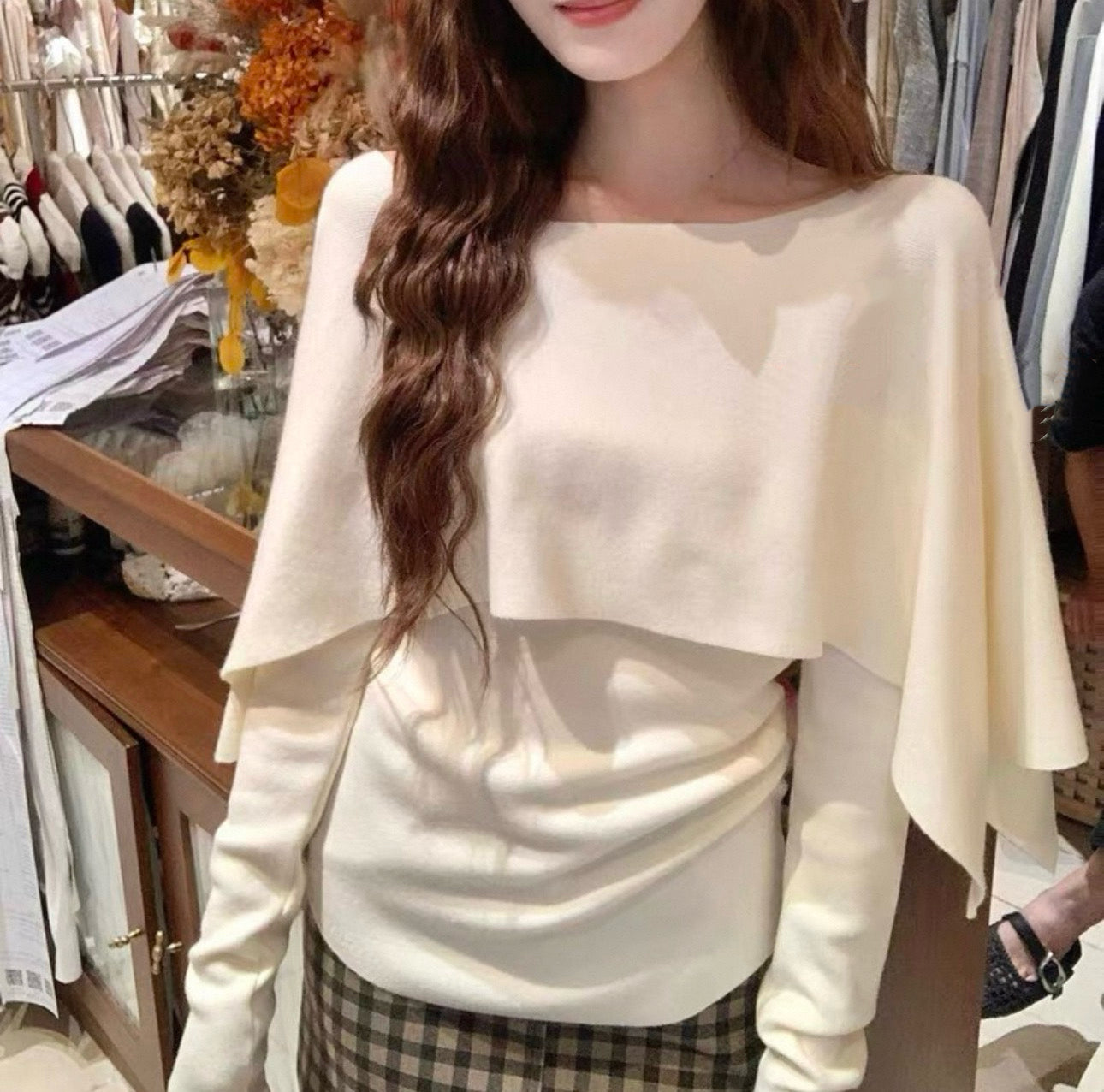 韓系不規則披肩拼上衣set