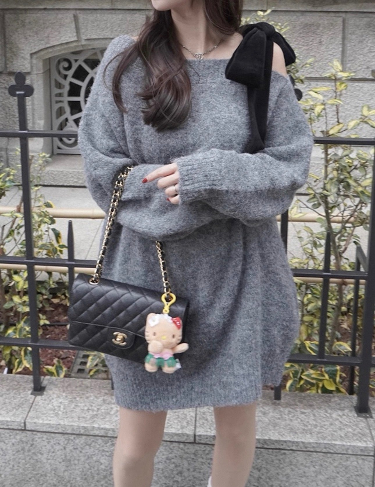 韓系半側肩綁結針織連身裙