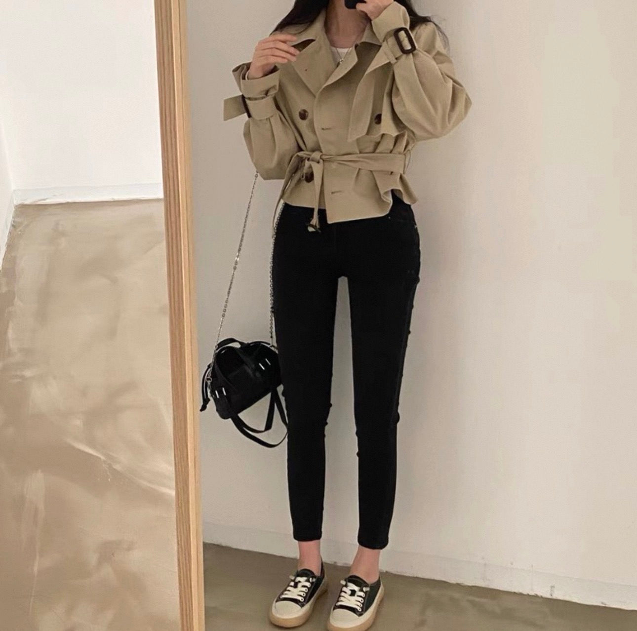 韓系綁腰短風衣外套