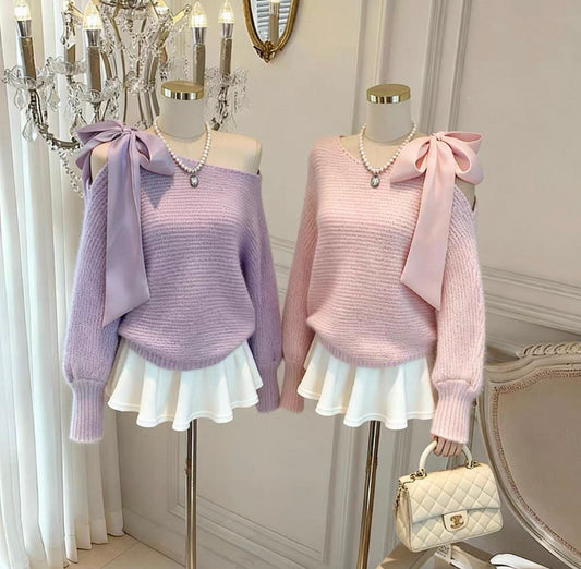 韓系側肩綁結針織上衣
