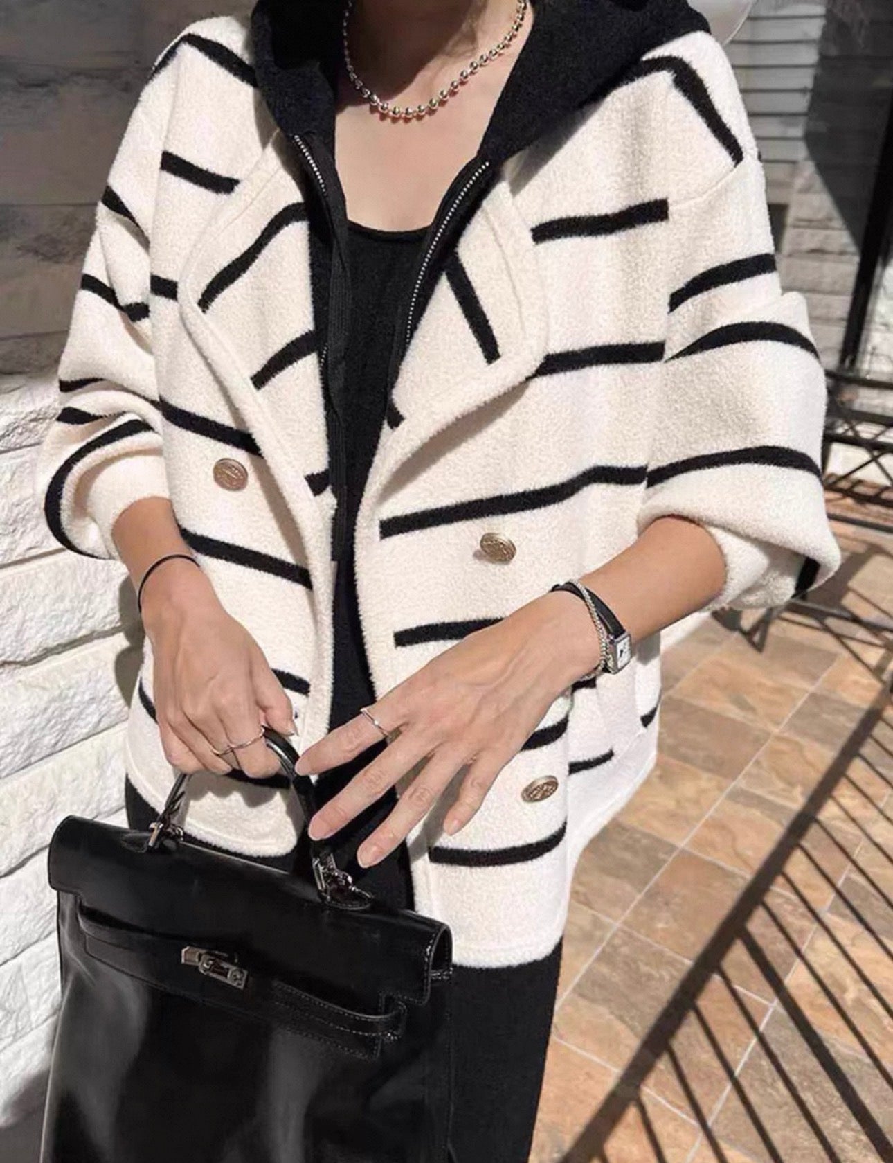 韓系條紋扣子連帽假兩件外套