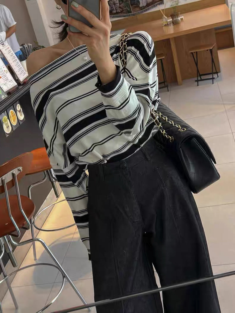 韓系側肩條紋針織上衣