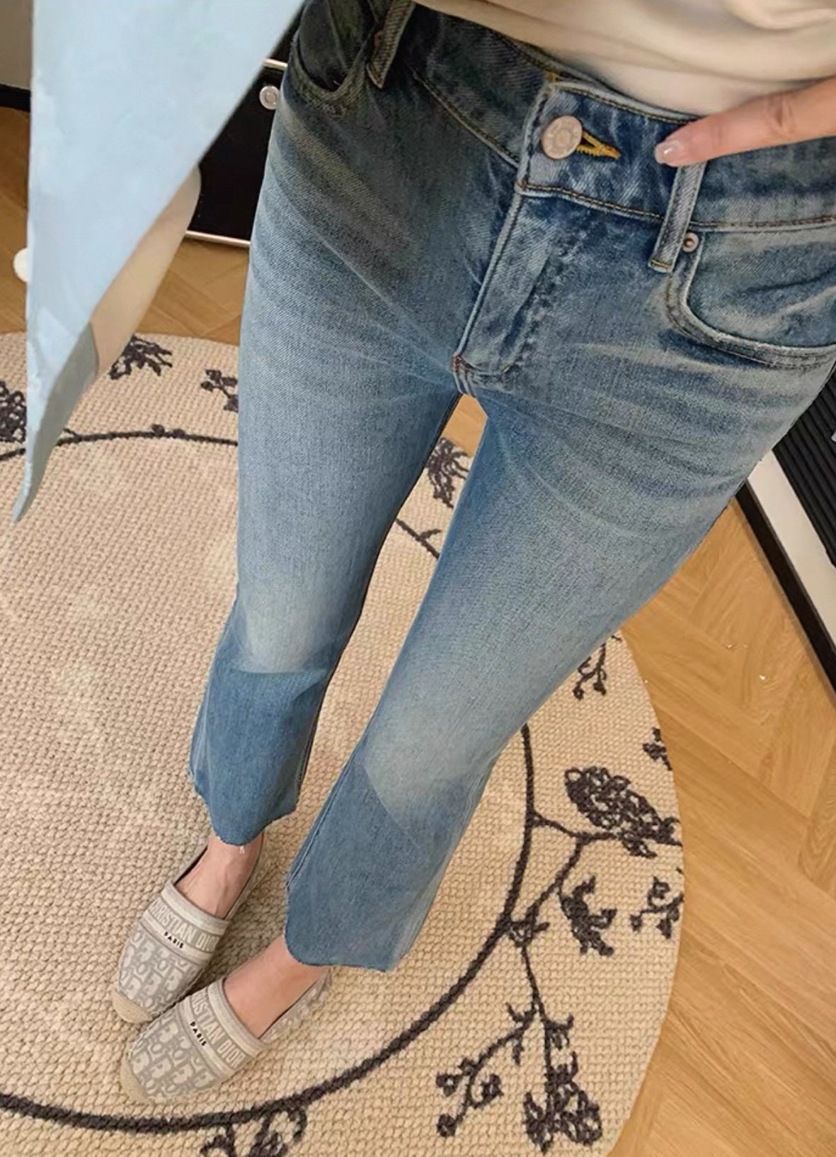 韓系高腰小喇叭九分牛仔褲