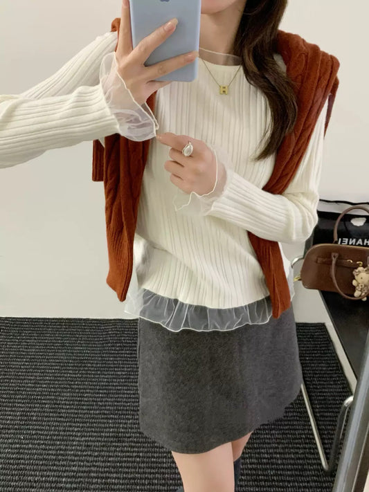 韓系坑紋拼紗邊上衣