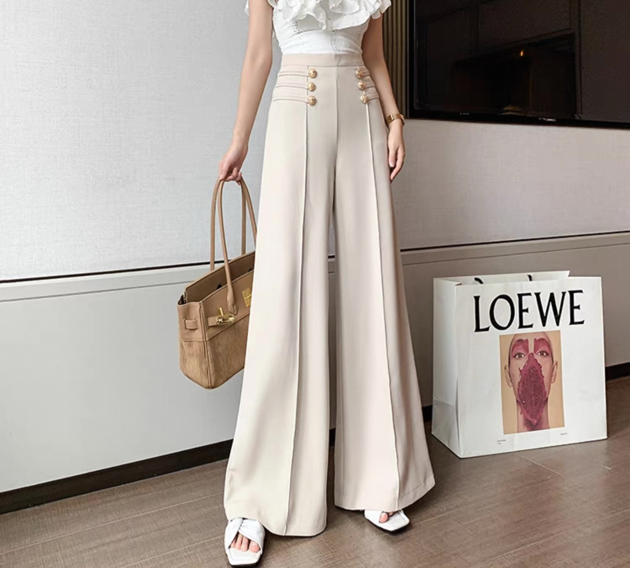 韓系高腰扣子寬西褲