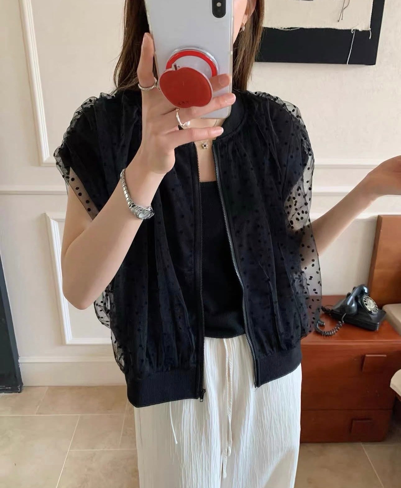 韓系波點網紗拉鏈背心外套
