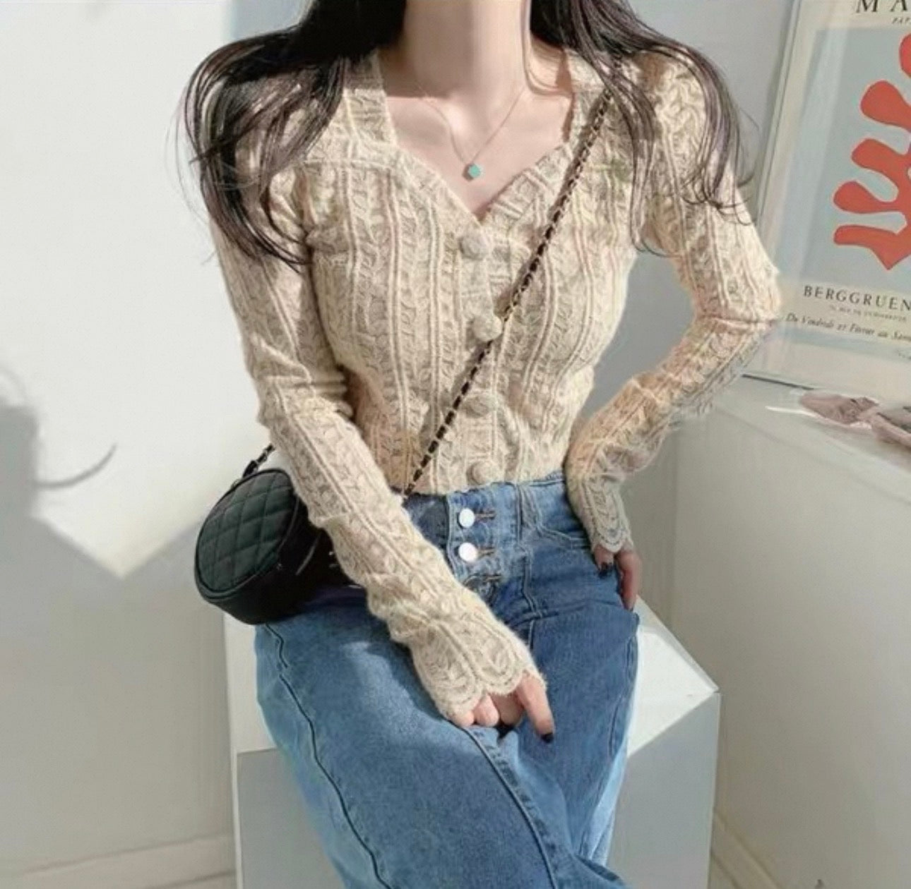 韓系心領葉子蕾絲鏤空針織上衣