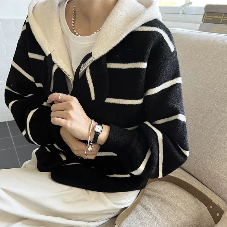 韓系條紋扣子連帽假兩件外套