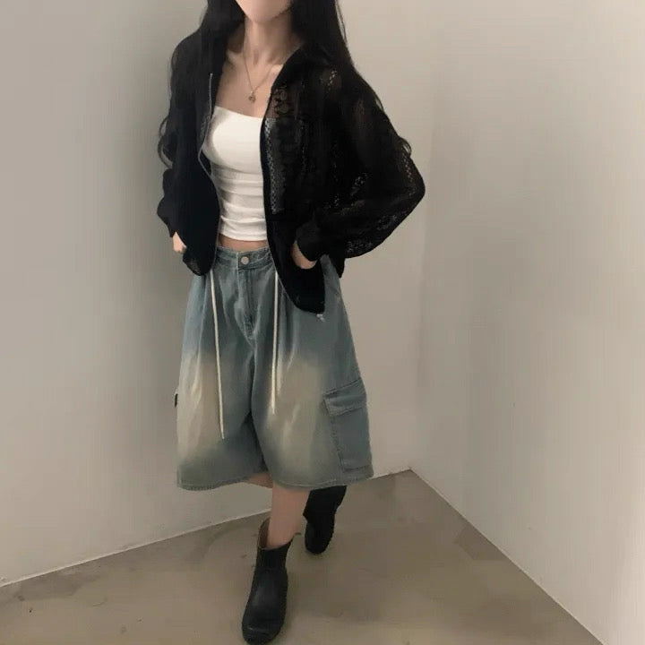 韓系鏤空緹花拉鏈外套