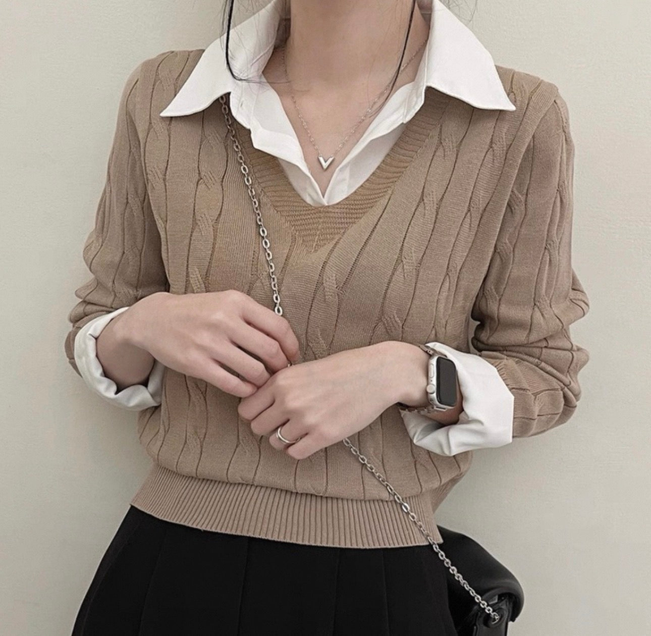 韓系襯衫領拼麻花針織假兩件上衣