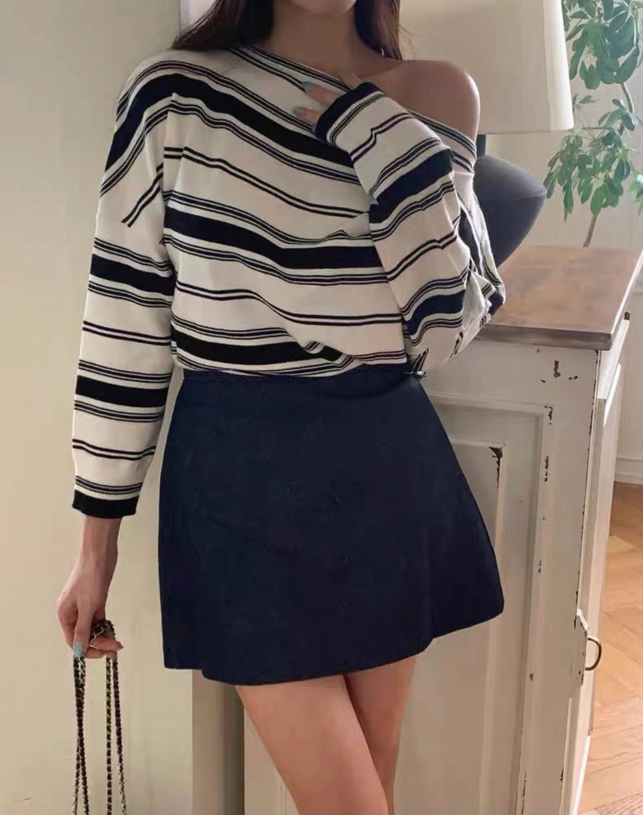 韓系側肩條紋針織上衣