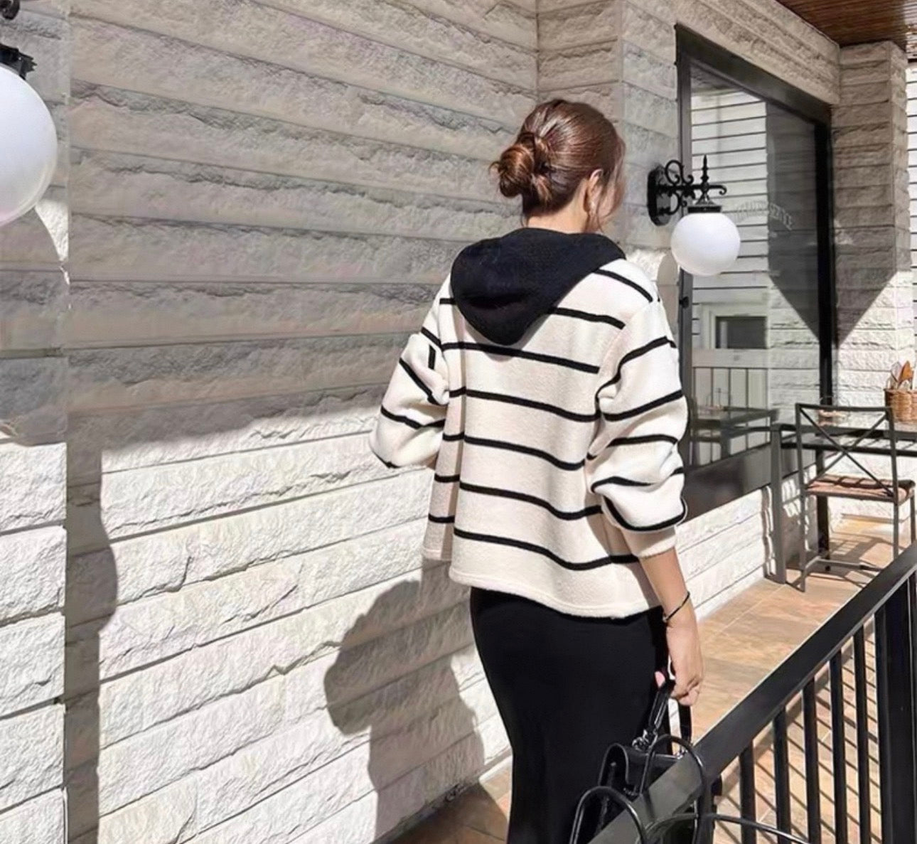 韓系條紋扣子連帽假兩件外套