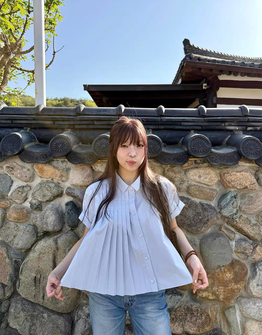 韓系半百褶扣子襯衫