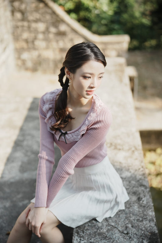 韓系花邊領緊身針織上衣/短裙