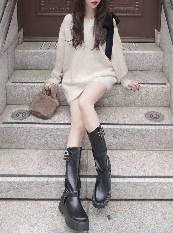 韓系半側肩綁結針織連身裙