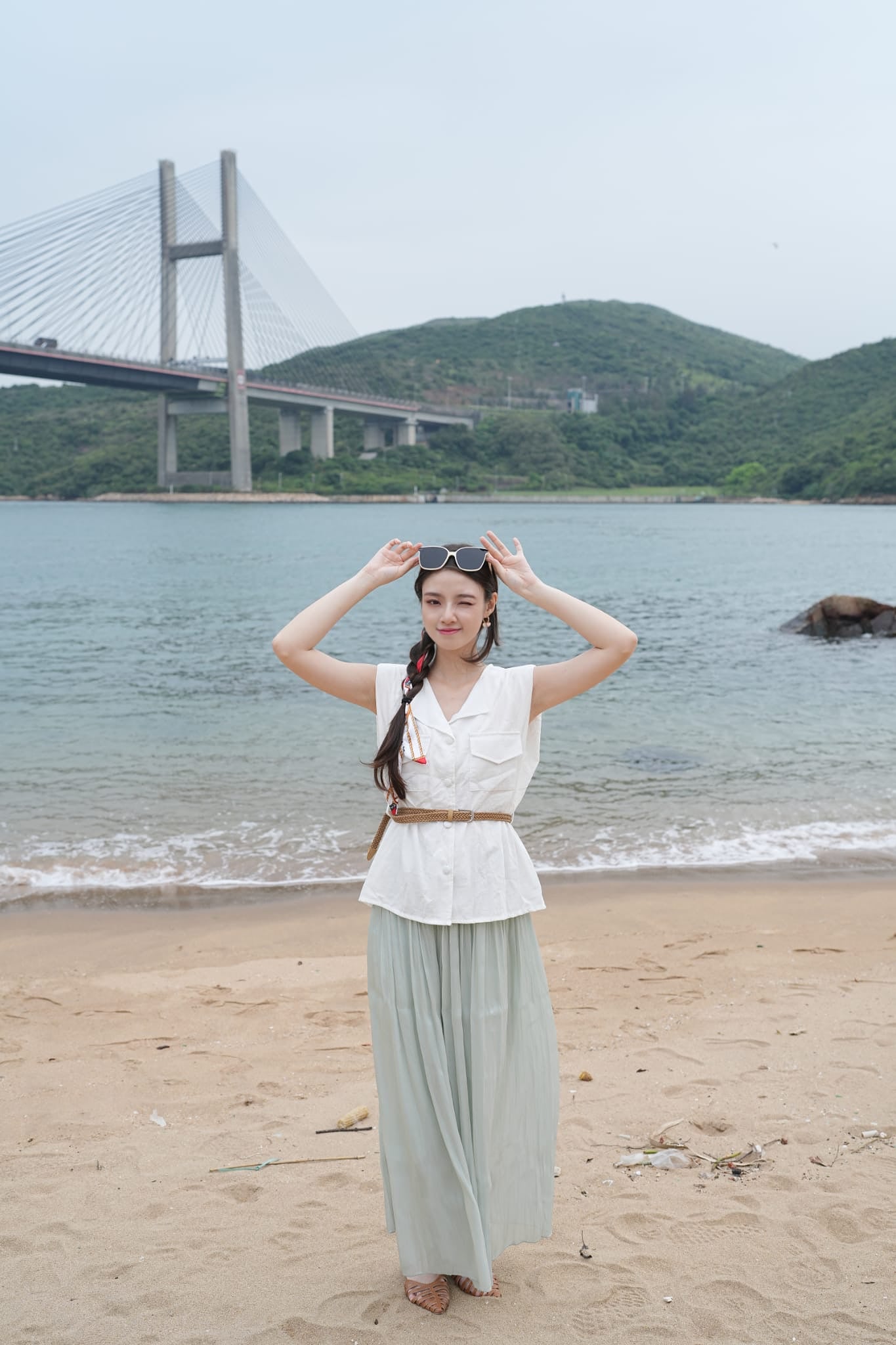 韓系小領扣子腰帶上衣/百褶裙褲