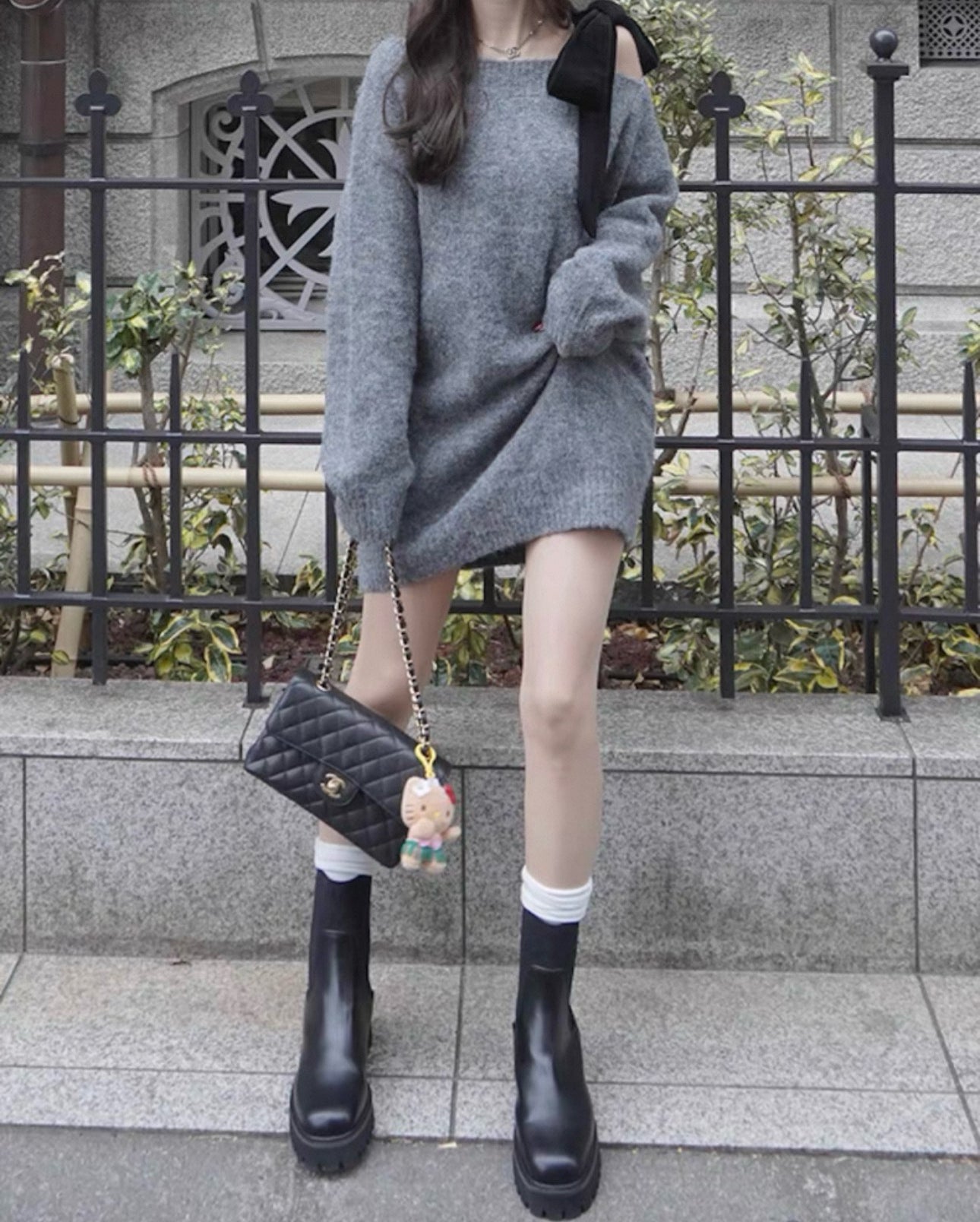 韓系半側肩綁結針織連身裙