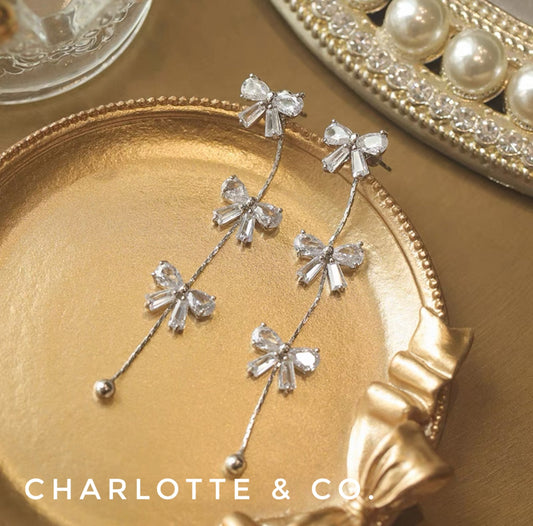 韓系三蝶吊水晶耳環