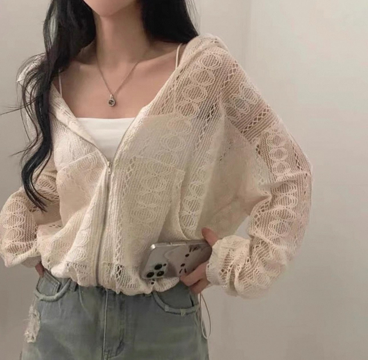 韓系鏤空緹花拉鏈外套