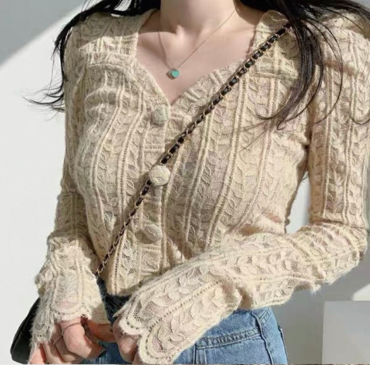 韓系心領葉子蕾絲鏤空針織上衣