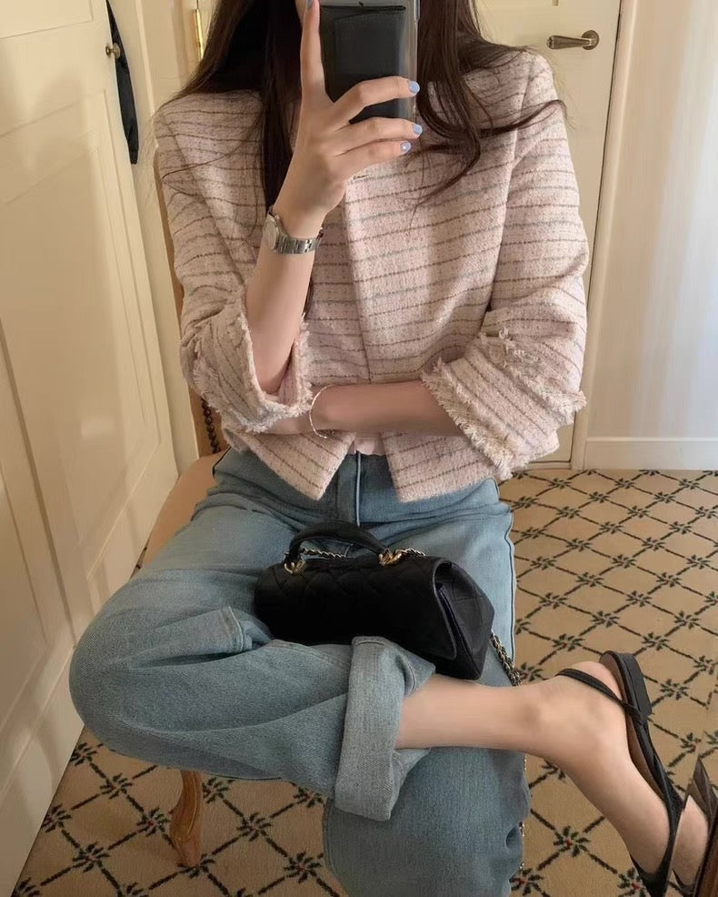 韓系流蘇袖格子小香風外套