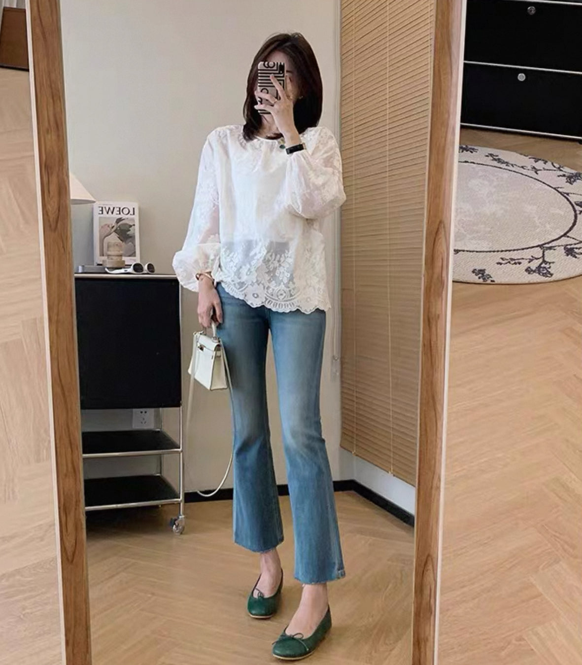 韓系高腰小喇叭九分牛仔褲