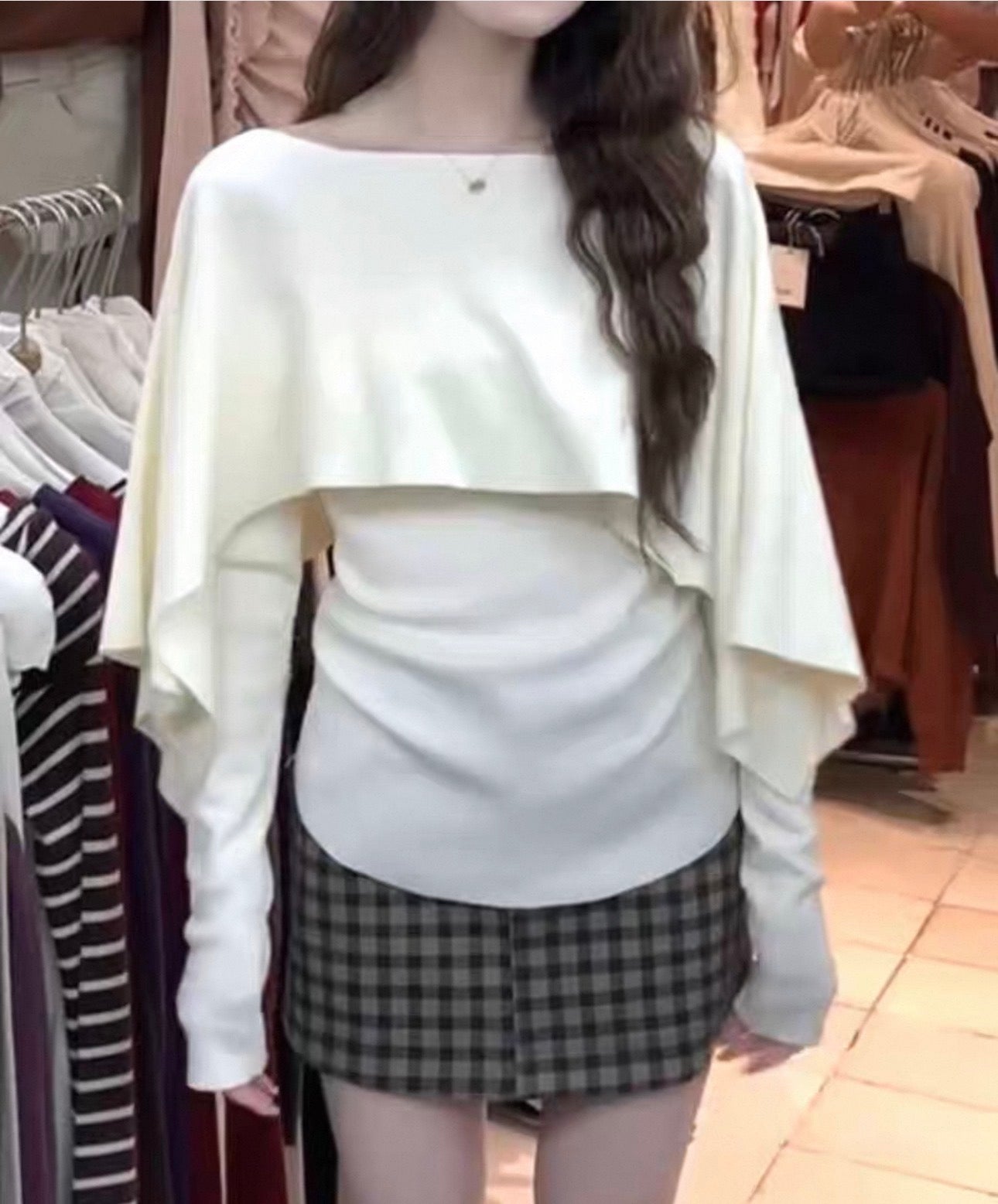 韓系不規則披肩拼上衣set