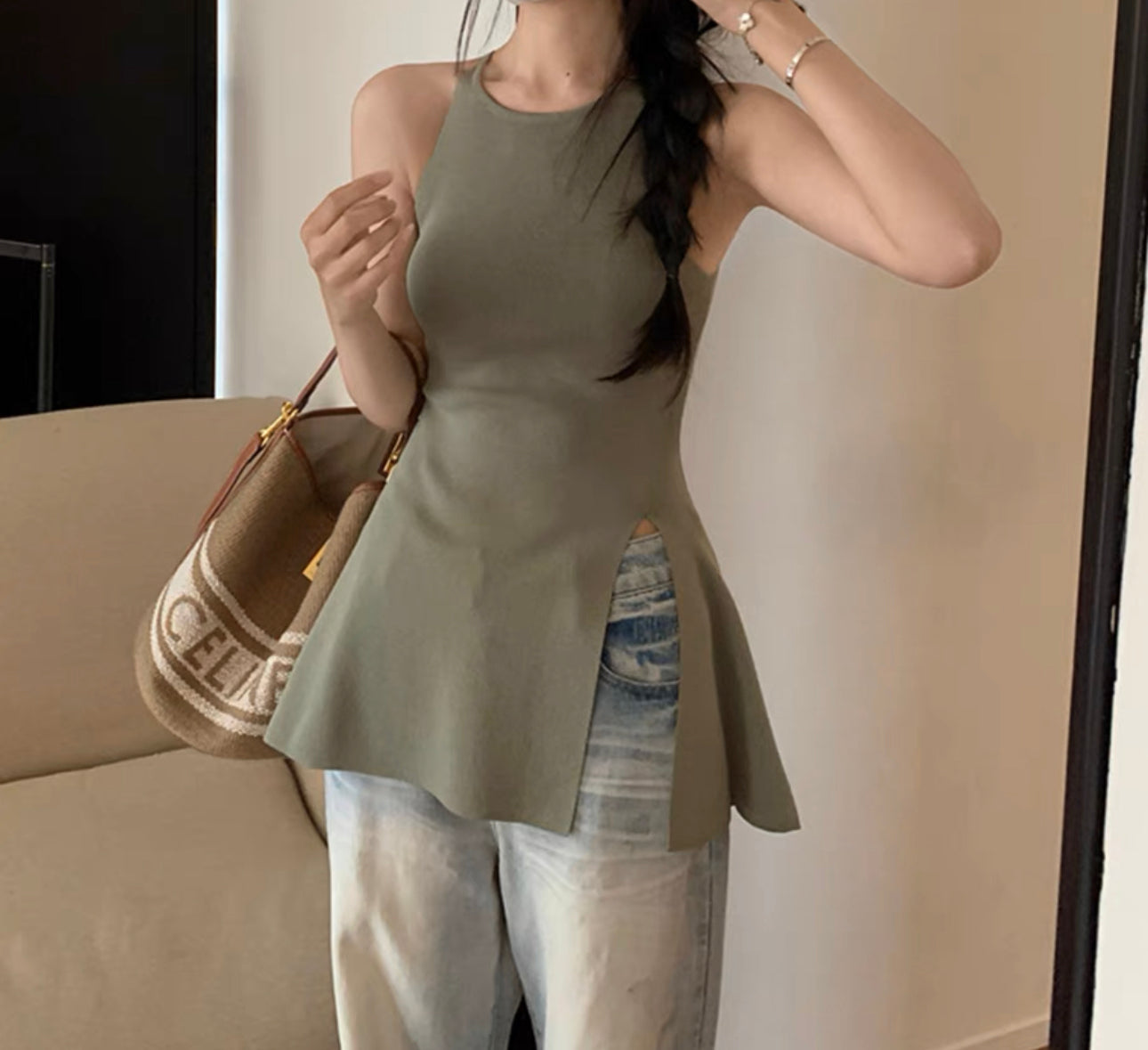 韓系掛項側叉針織背心