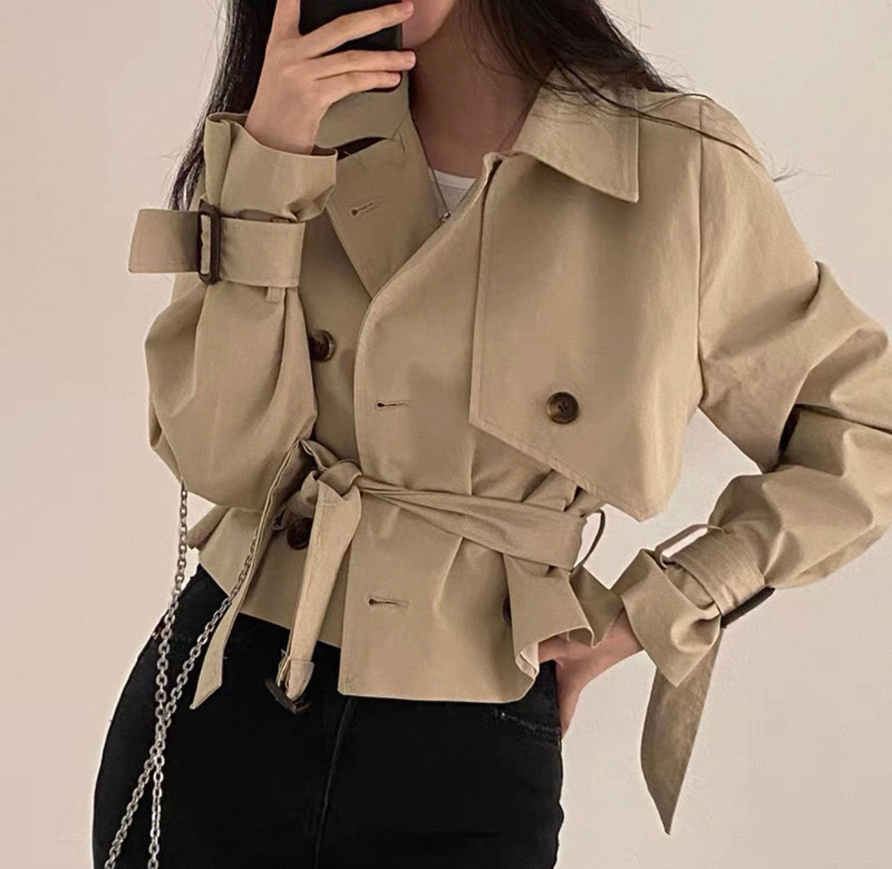 韓系綁腰短風衣外套