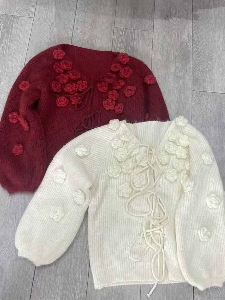 韓系V 領綁結立體玫瑰花針織上衣