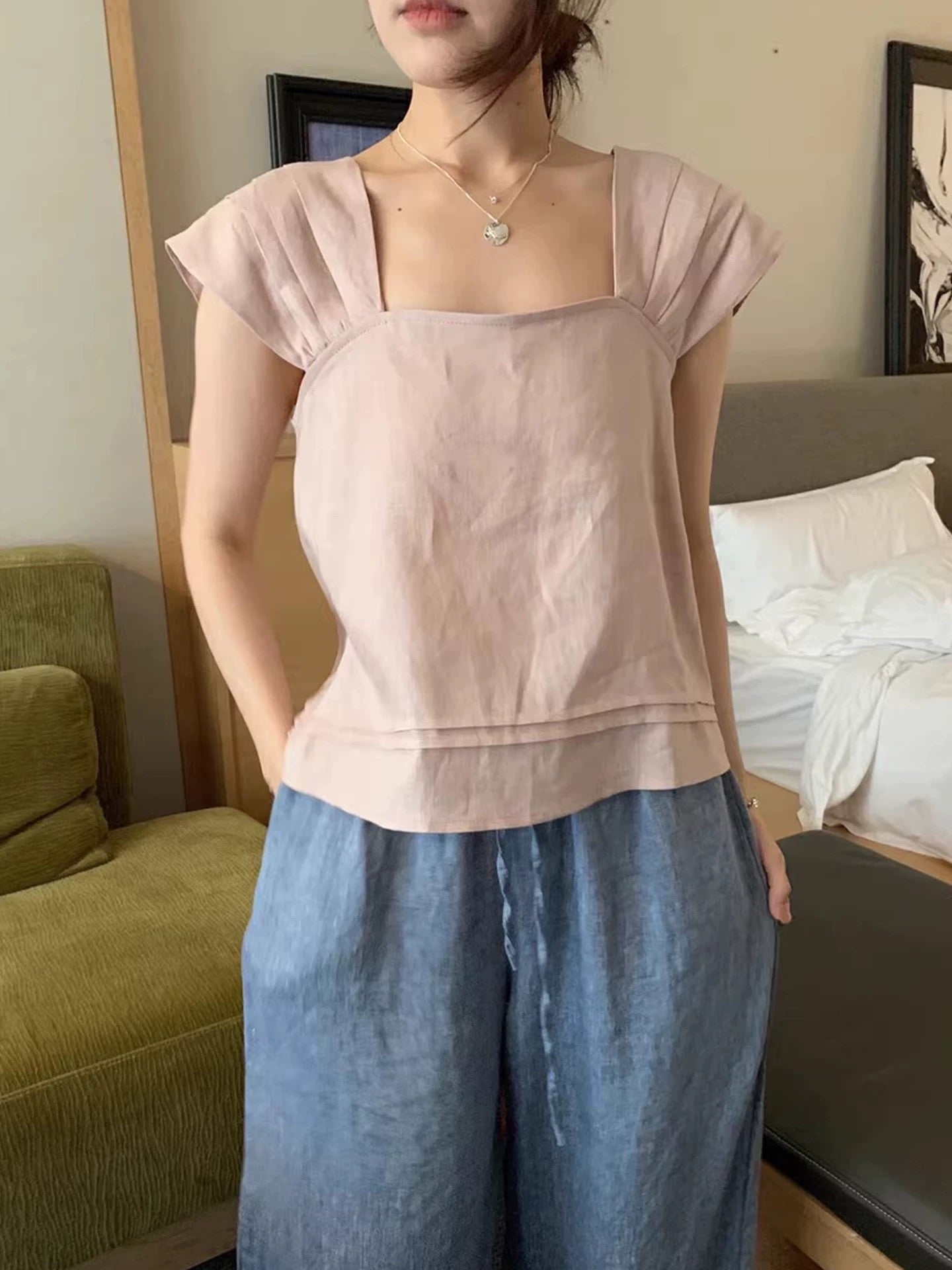 韓系後綁飛袖麻質上衣