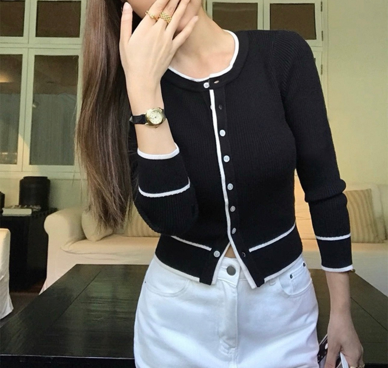 韓系撞色邊針織外套