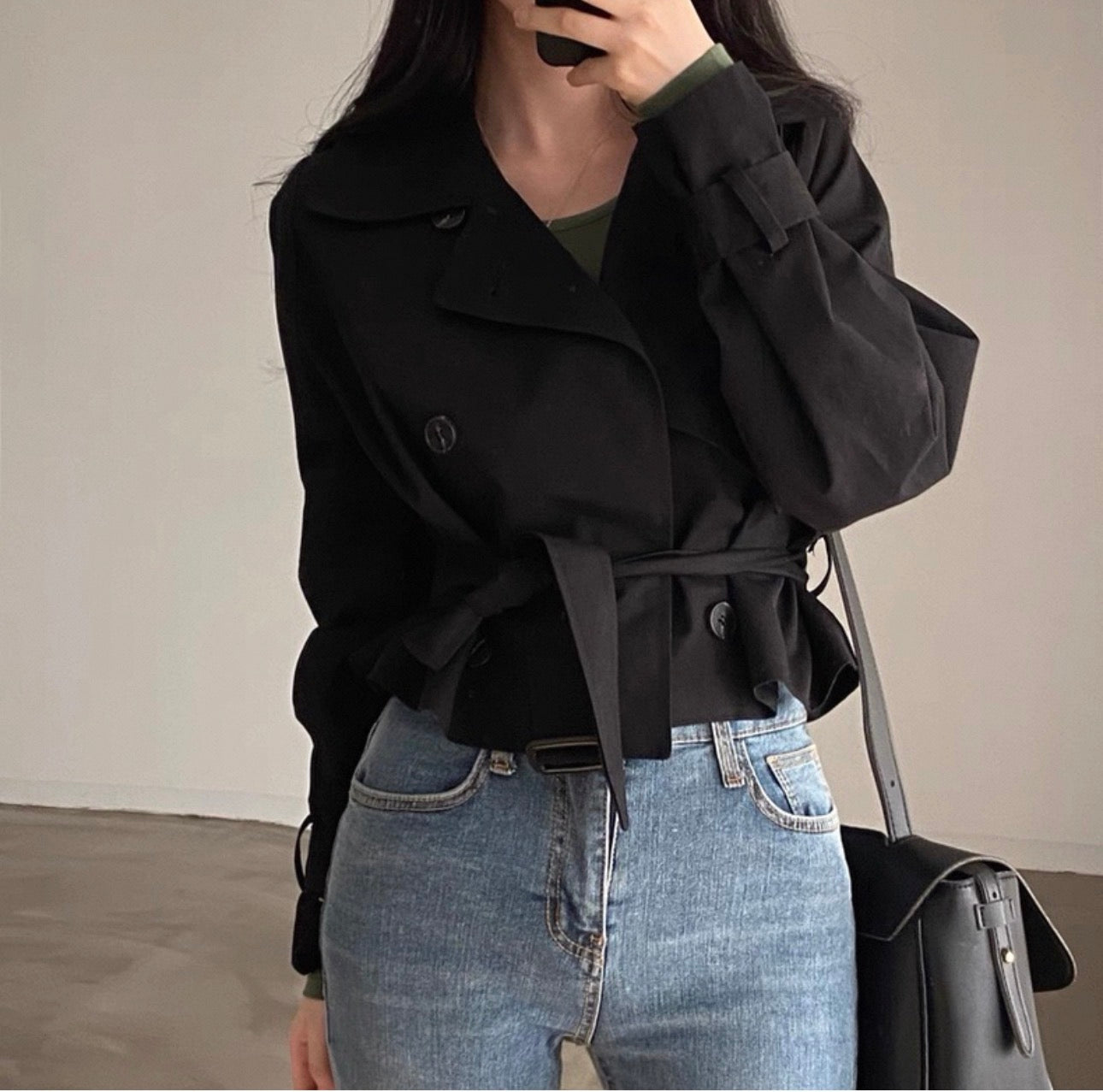 韓系綁腰短風衣外套