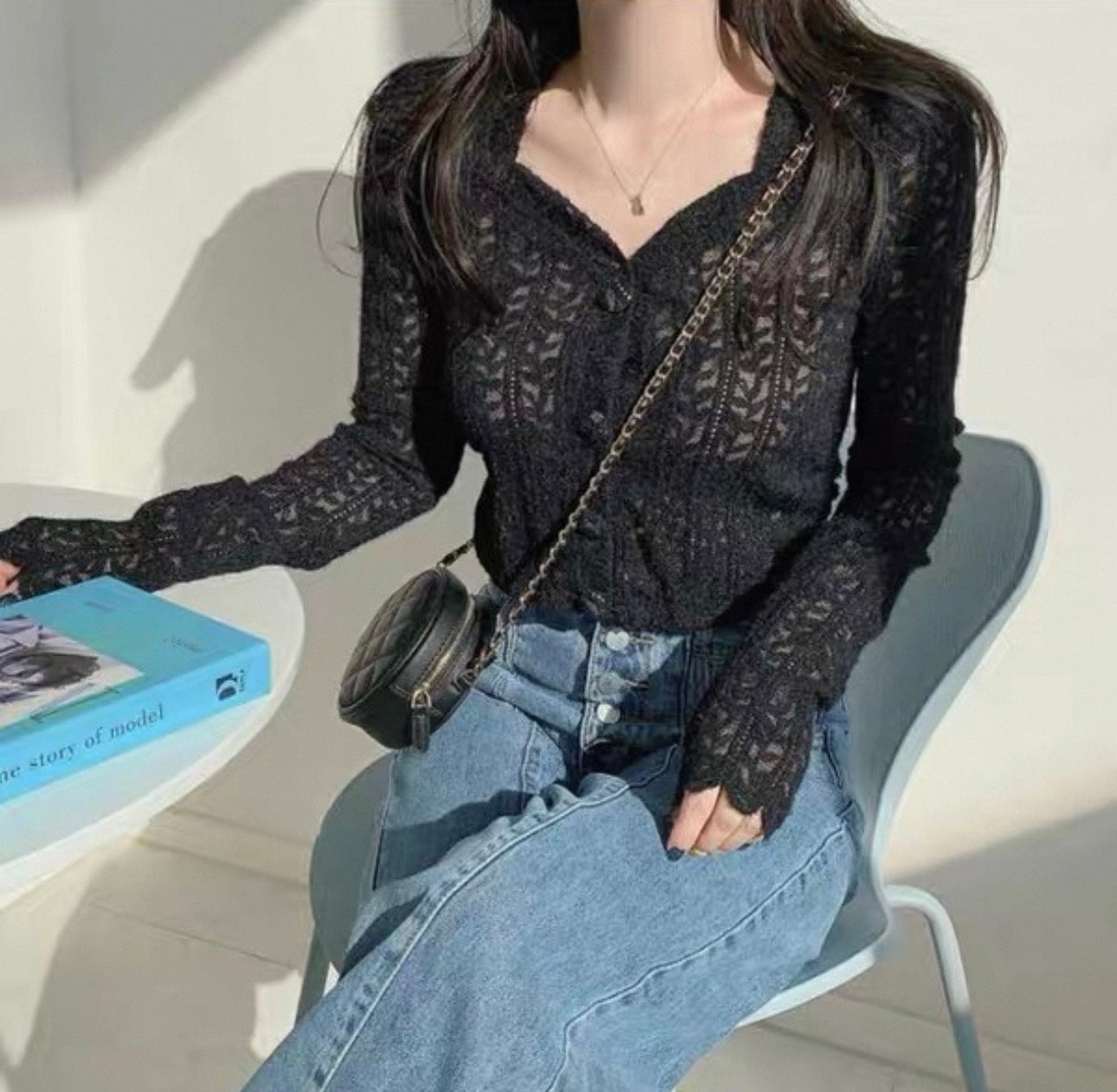 韓系心領葉子蕾絲鏤空針織上衣