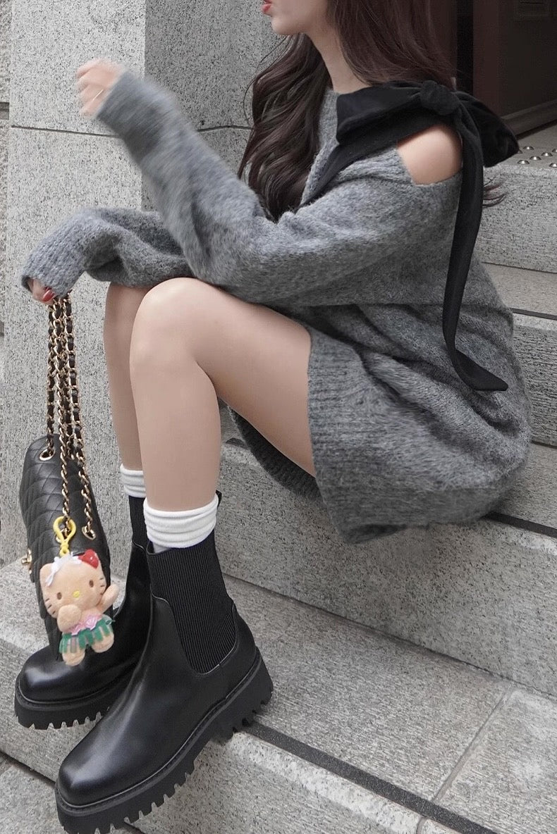 韓系半側肩綁結針織連身裙