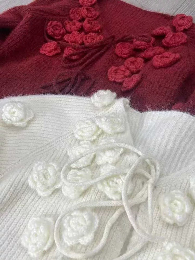 韓系V 領綁結立體玫瑰花針織上衣